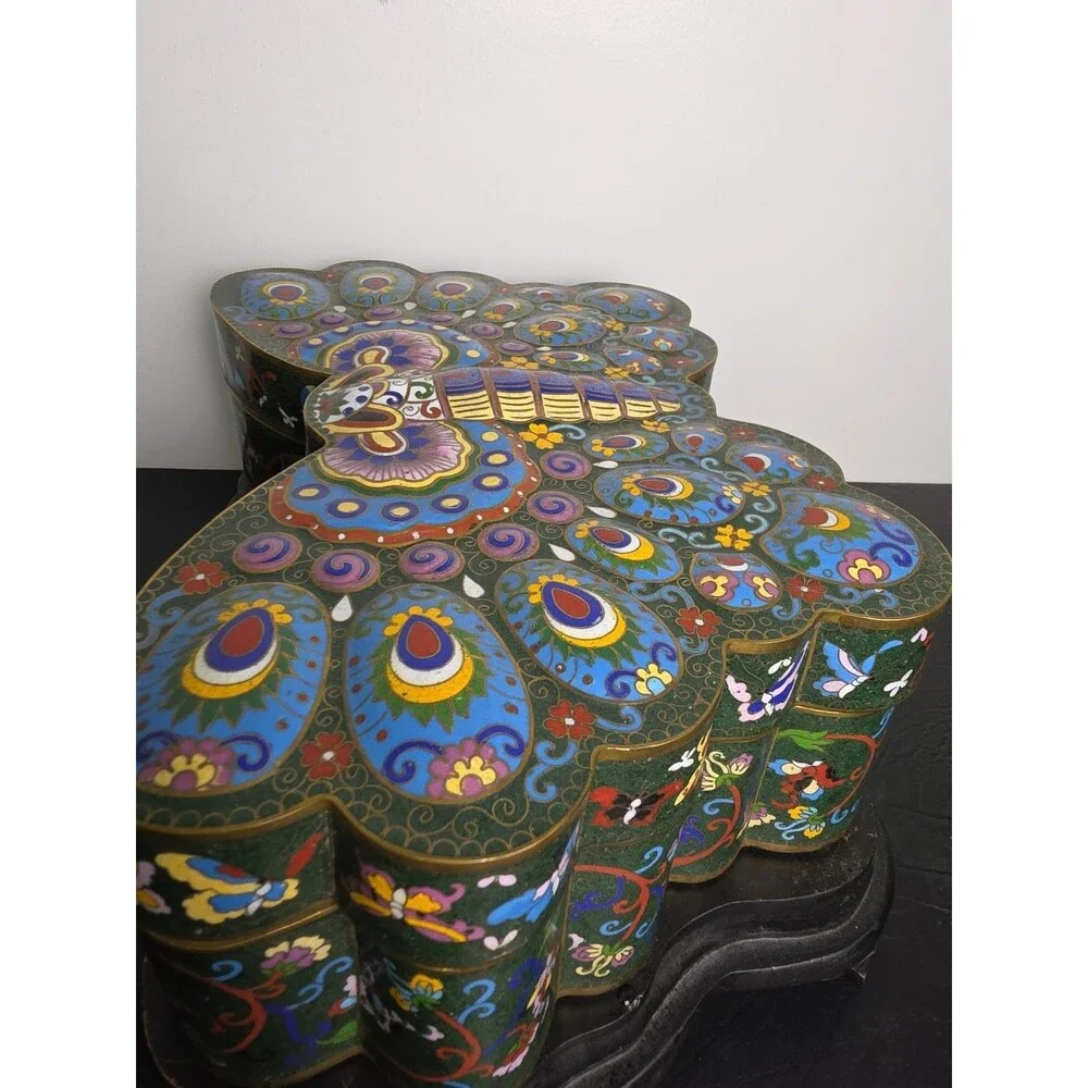 Large Vintage Chinese Cloisonne Butterfly Presentation Box Enamel over Brass 15